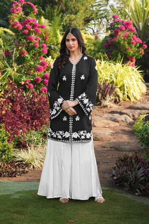 Black Floral Embroidered Satin Sharara Suits (NC2245BKS)