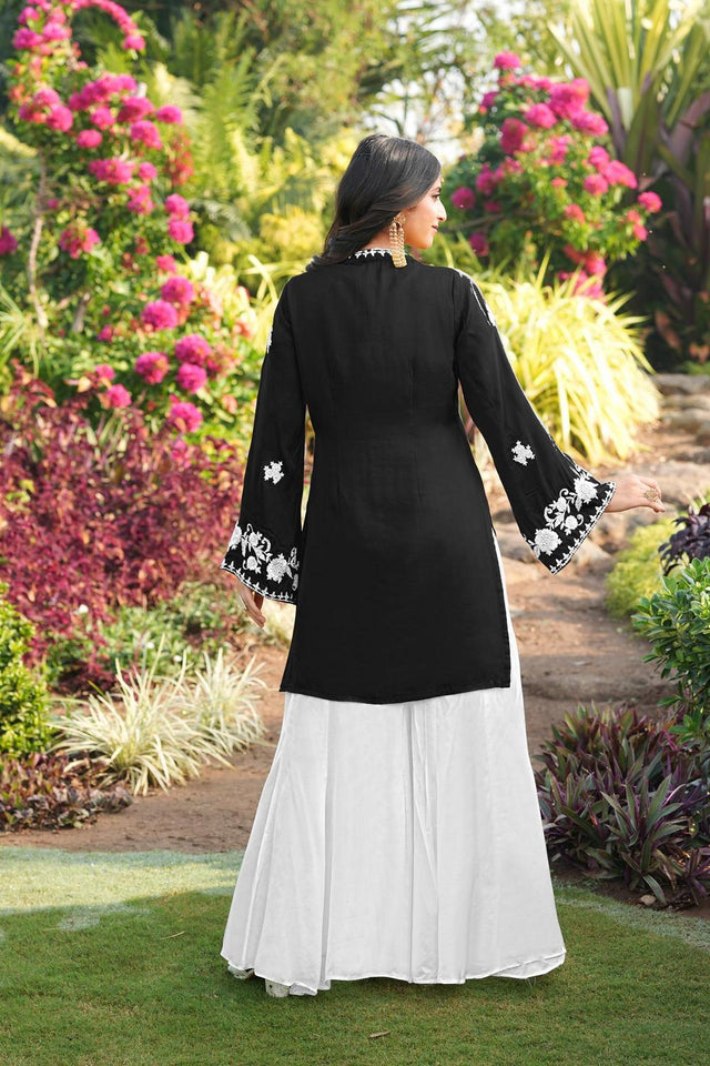 Black Floral Embroidered Satin Sharara Suits (NC2245BKS)