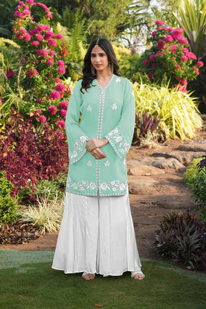 Green Floral Embroidered Satin Sharara Suits (NC2245EKS)