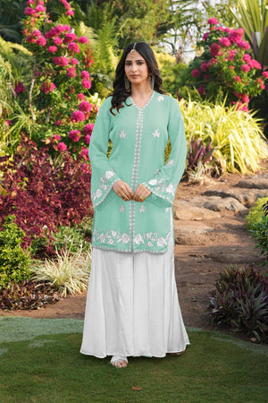 Green Floral Embroidered Satin Sharara Suits (NC2245EKS)