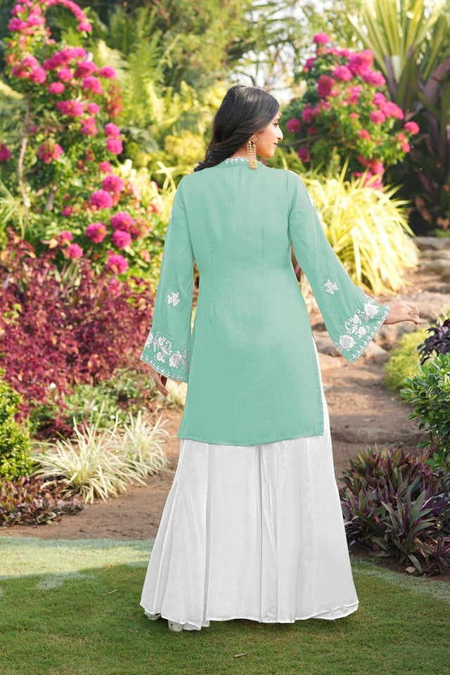 Green Floral Embroidered Satin Sharara Suits (NC2245EKS)