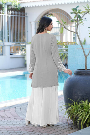 Grey Floral Embroidered Satin Sharara Suits (NC2246CKS)