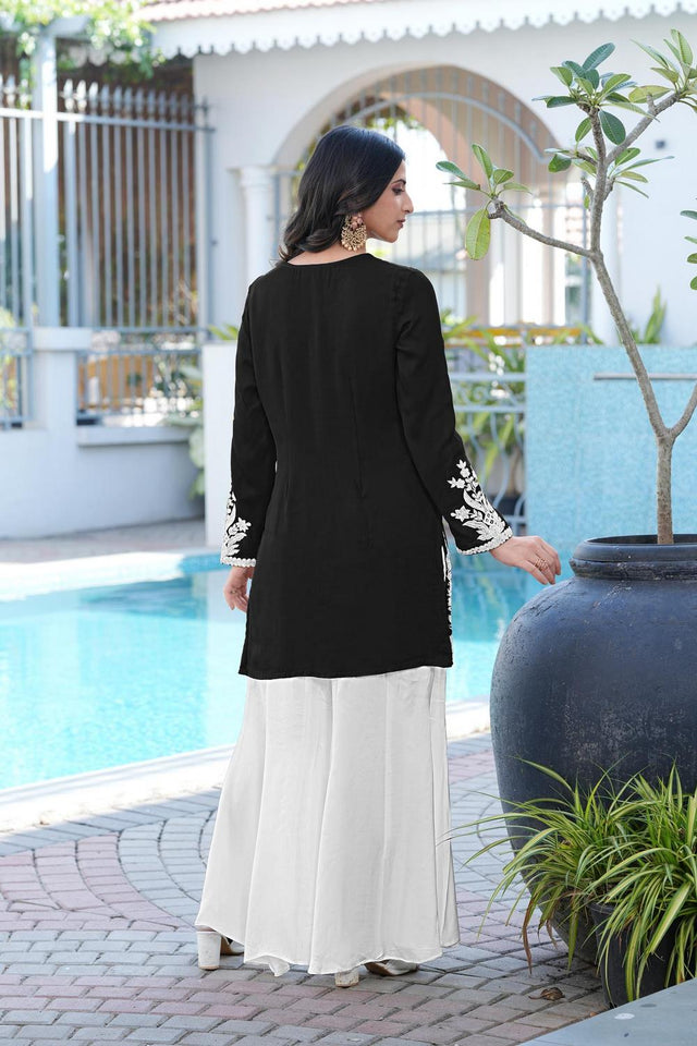 Black Floral Embroidered Satin Sharara Suits (NC2246EKS)