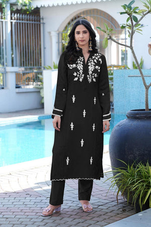 Black Floral Embroidered Satin Kurti Pant Set (NC2247BKS)