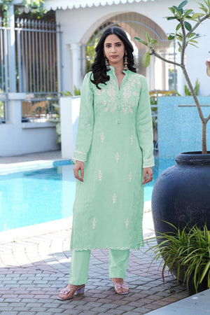 Green Floral Embroidered Satin Kurti Pant Set (NC2247CKS)
