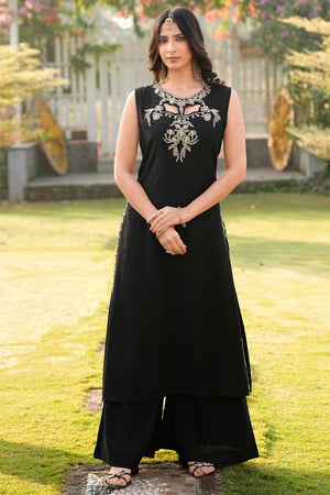 Black Floral Embroidered Art Silk Kurti Palazzo Set (NC2248AKS)