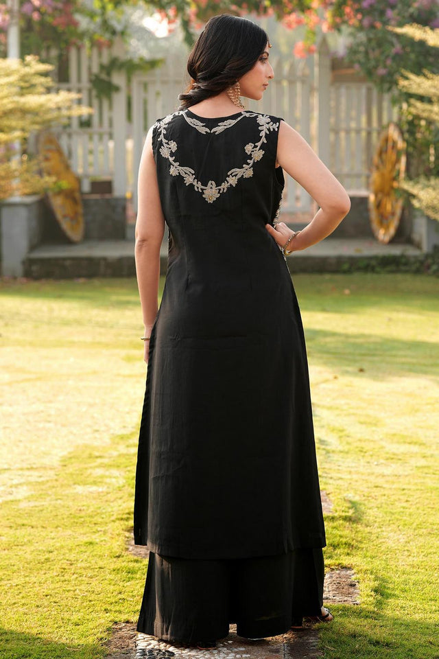 Black Floral Embroidered Art Silk Kurti Palazzo Set (NC2248AKS)