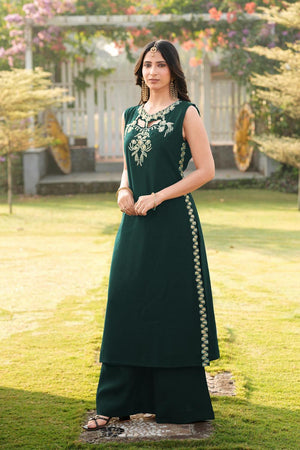 Dark Green Floral Embroidered Art Silk Kurti Palazzo Set (NC2248BKS)