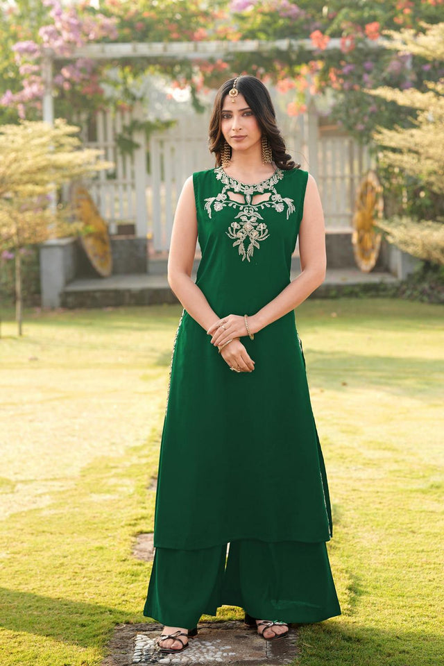 Green Floral Embroidered Art Silk Kurti Palazzo Set (NC2248CKS)