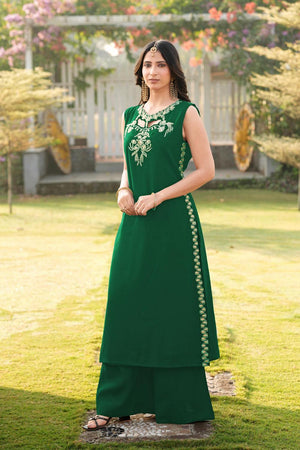 Green Floral Embroidered Art Silk Kurti Palazzo Set (NC2248CKS)