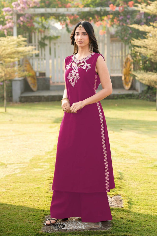 Magenta Floral Embroidered Art Silk Kurti Palazzo Set (NC2248DKS)