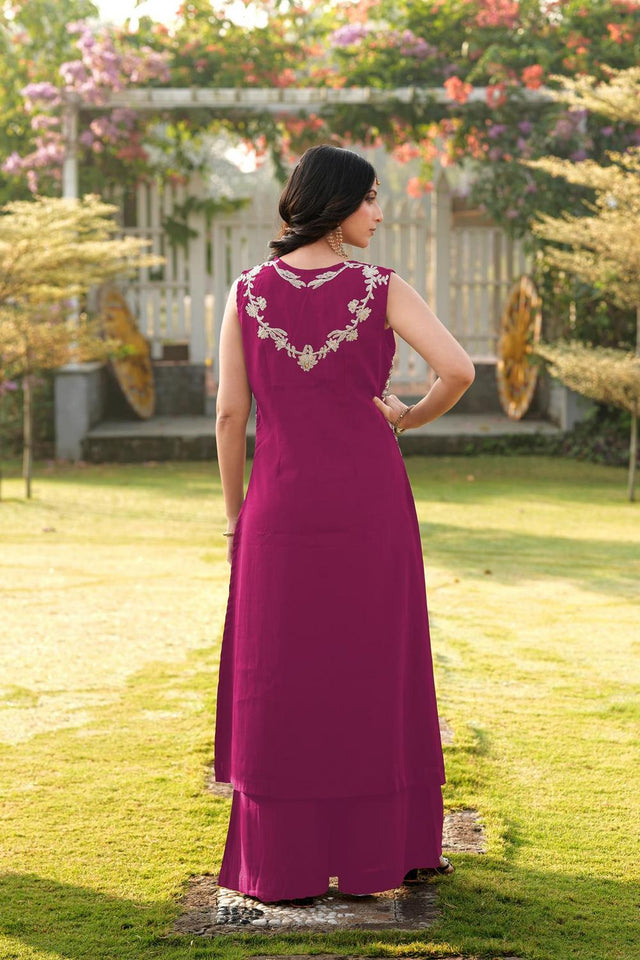 Magenta Floral Embroidered Art Silk Kurti Palazzo Set (NC2248DKS)
