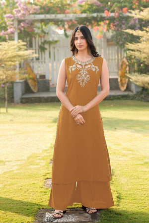 Brown Floral Embroidered Art Silk Kurti Palazzo Set (NC2248EKS)
