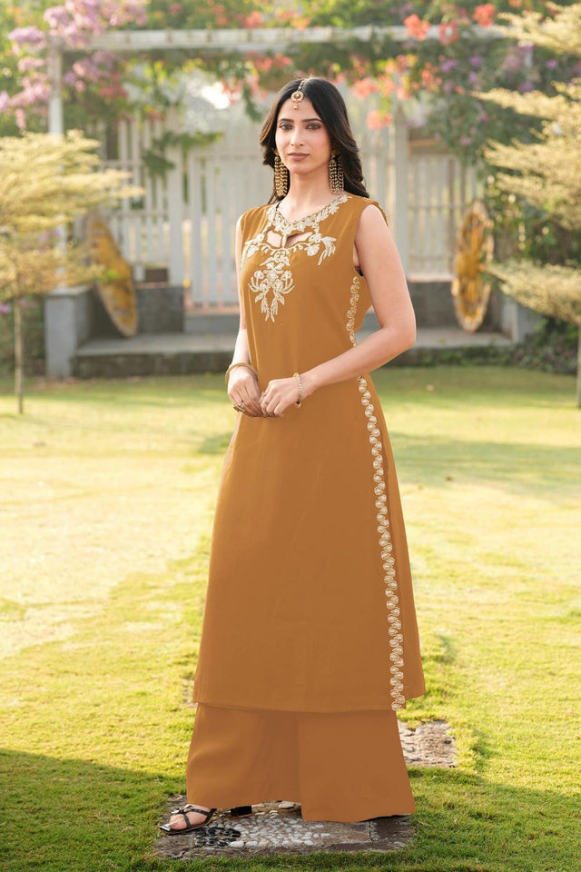 Brown Floral Embroidered Art Silk Kurti Palazzo Set (NC2248EKS)