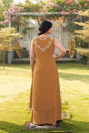 Brown Floral Embroidered Art Silk Kurti Palazzo Set (NC2248EKS)