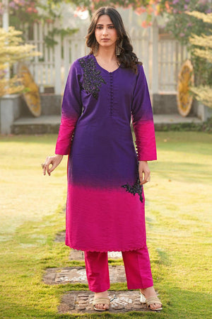 Purple Floral Embroidered Art Silk Kurti Pant Set (NC2249AKS)