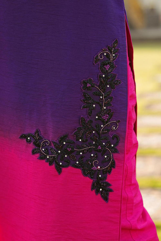 Purple Floral Embroidered Art Silk Kurti Pant Set (NC2249AKS)