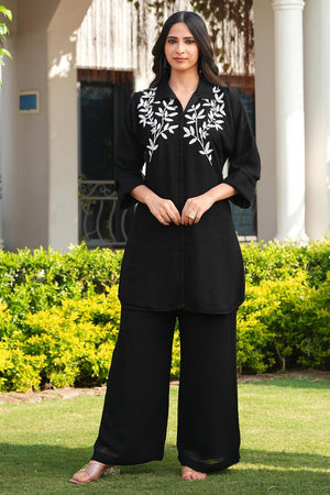 Black Floral Embroidered Georgette Kurti Pant Set (NC2250AKS)