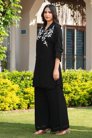 Black Floral Embroidered Georgette Kurti Pant Set (NC2250AKS)