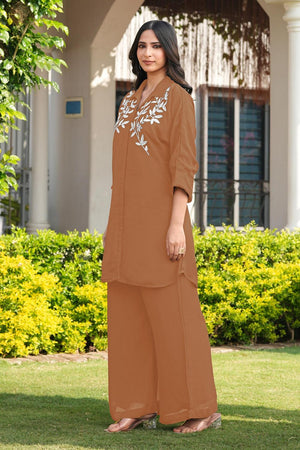 Brown Floral Embroidered Georgette Kurti Pant Set (NC2250BKS)