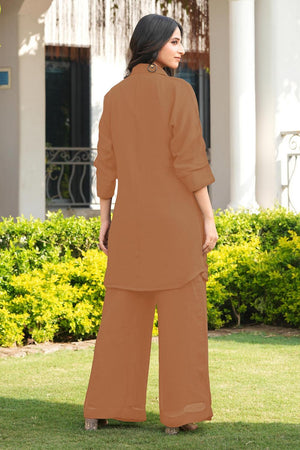 Brown Floral Embroidered Georgette Kurti Pant Set (NC2250BKS)