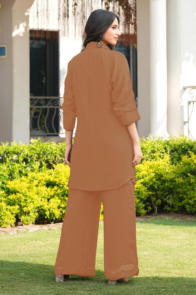 Brown Floral Embroidered Georgette Kurti Pant Set (NC2250BKS)