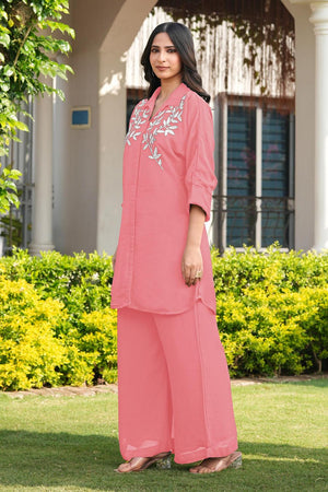 Pink Floral Embroidered Georgette Kurti Pant Set (NC2250CKS)