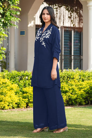 Navy Blue Floral Embroidered Georgette Kurti Pant Set (NC2250DKS)