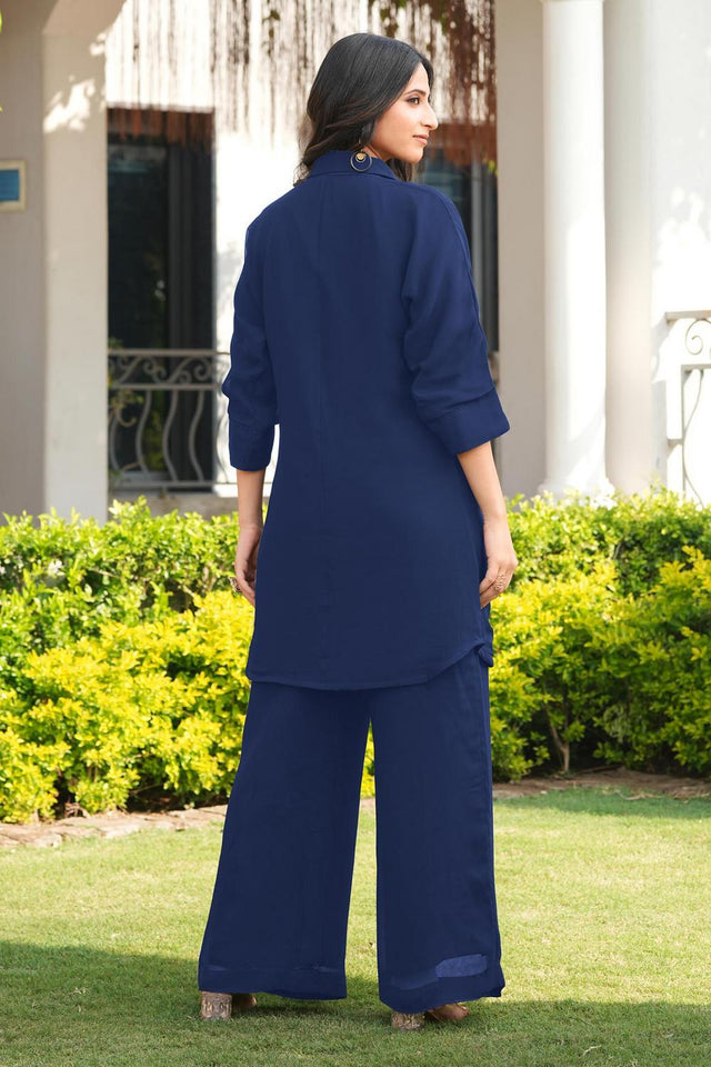 Navy Blue Floral Embroidered Georgette Kurti Pant Set (NC2250DKS)