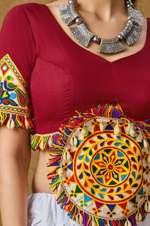 Maroon Cotton Embroidered Elbow Length Blouse