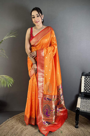 Orange Paithani Peacock Woven Silk Saree (ND101)