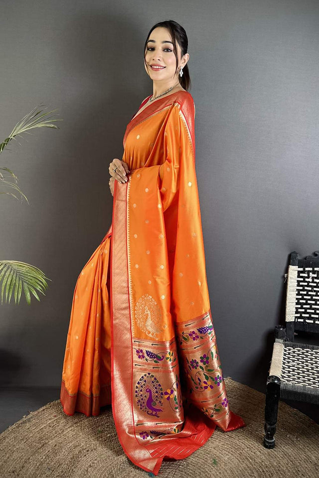 Orange Paithani Peacock Woven Silk Saree (ND101)