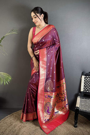 Wine Paithani Peacock Woven Silk Saree (ND102)