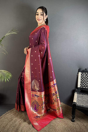 Wine Paithani Peacock Woven Silk Saree (ND102)