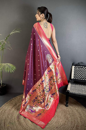 Wine Paithani Peacock Woven Silk Saree (ND102)
