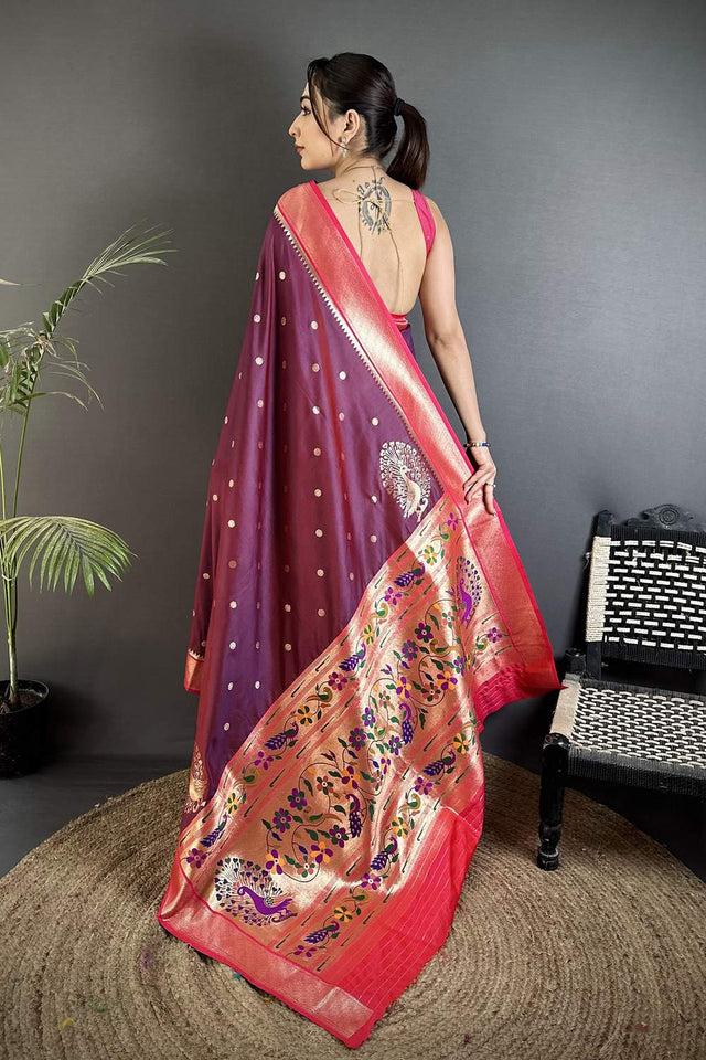 Wine Paithani Peacock Woven Silk Saree (ND102)