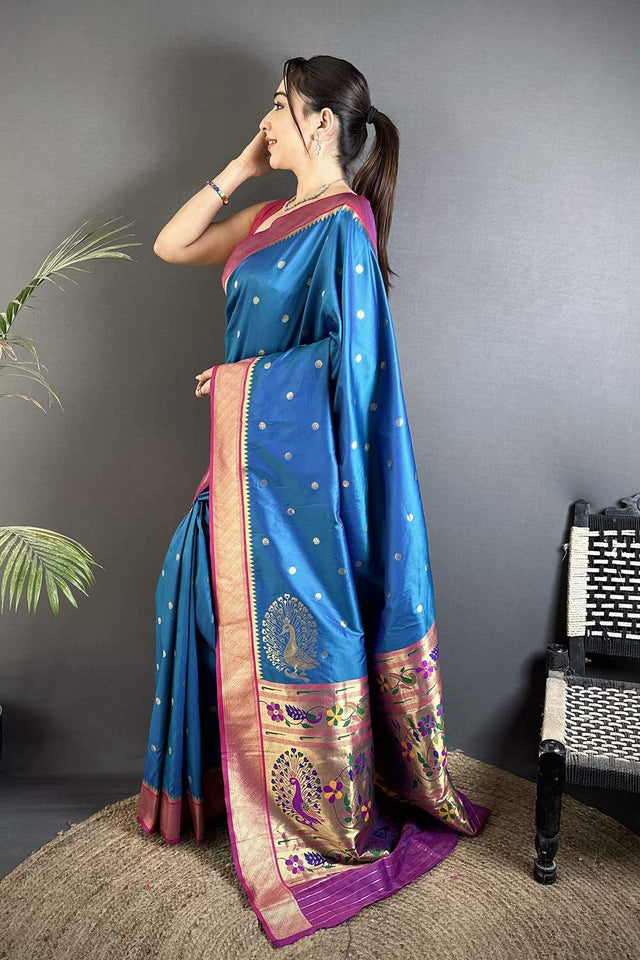 Blue Paithani Peacock Woven Silk Saree (ND103)