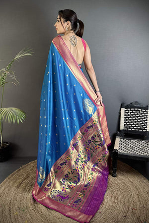 Blue Paithani Peacock Woven Silk Saree (ND103)