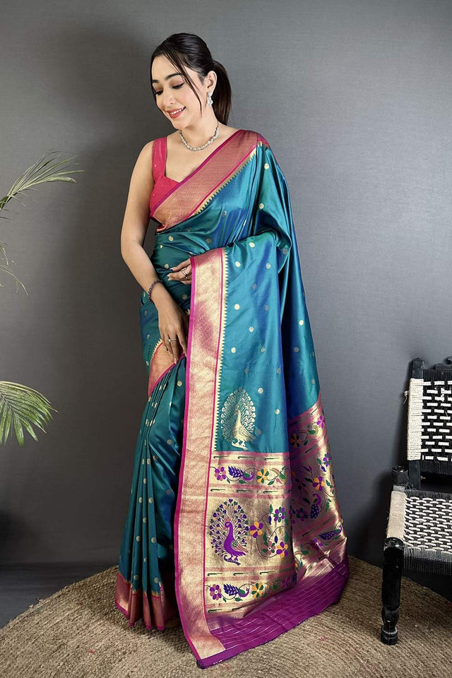Turquoise Paithani Peacock Woven Silk Saree (ND104)