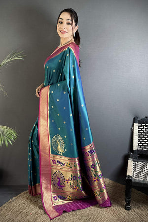 Turquoise Paithani Peacock Woven Silk Saree (ND104)