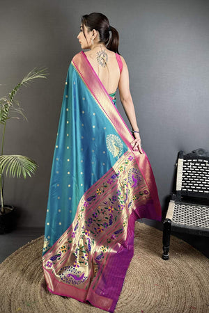 Turquoise Paithani Peacock Woven Silk Saree (ND104)