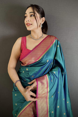 Turquoise Paithani Peacock Woven Silk Saree (ND104)