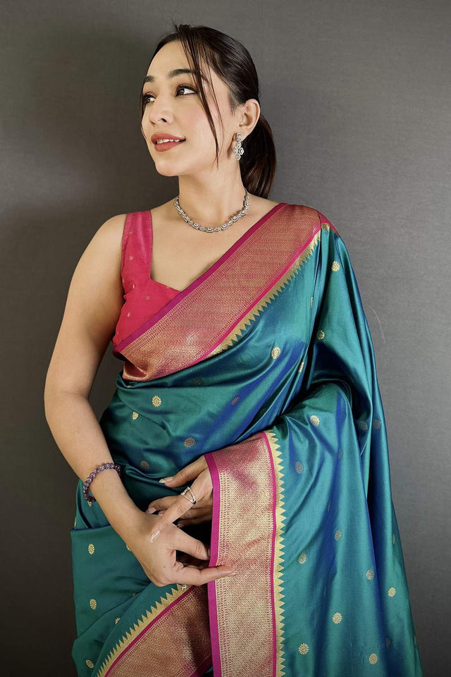 Turquoise Paithani Peacock Woven Silk Saree (ND104)