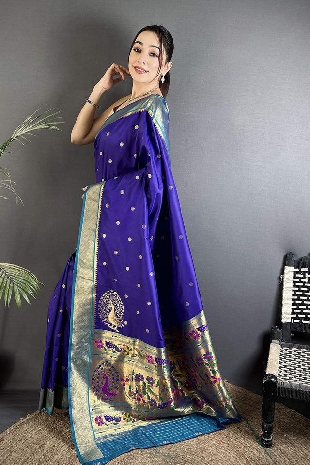 Royal Blue Paithani Peacock Woven Silk Saree (ND105)
