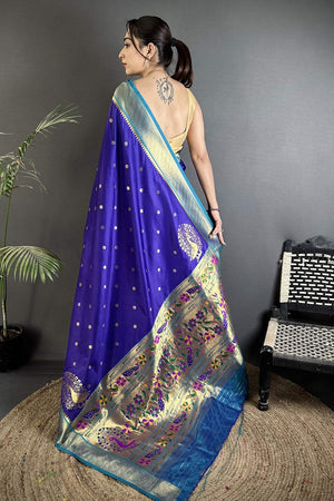 Royal Blue Paithani Peacock Woven Silk Saree (ND105)