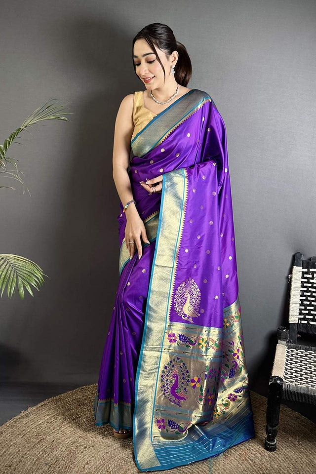 Purple Paithani Peacock Woven Silk Saree (ND108)