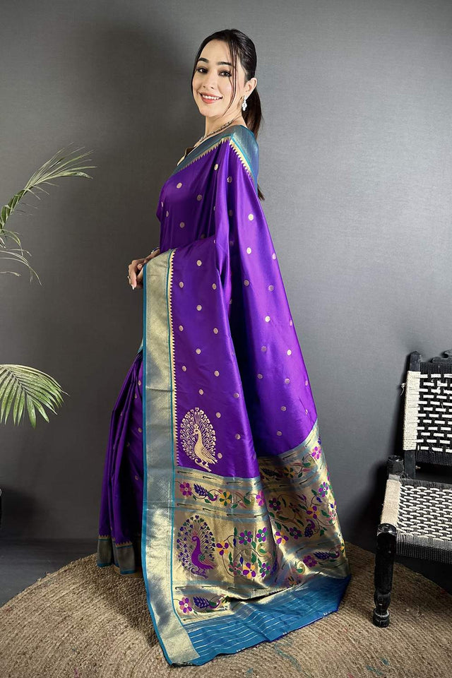 Purple Paithani Peacock Woven Silk Saree (ND108)