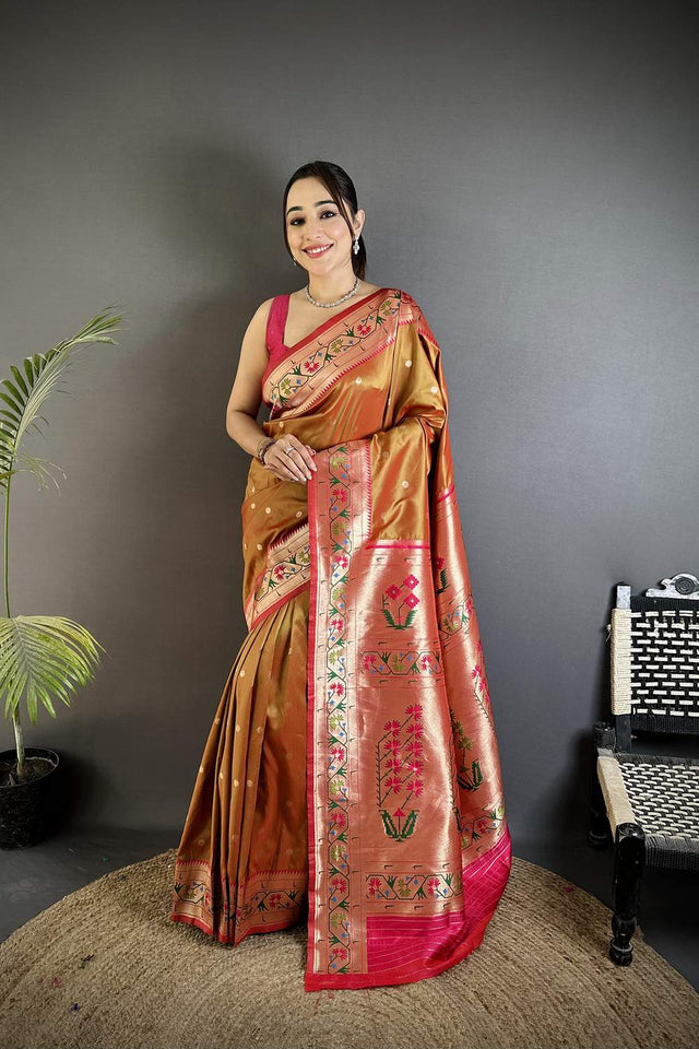 Peach Paithani Floral Woven Silk Saree (ND201)