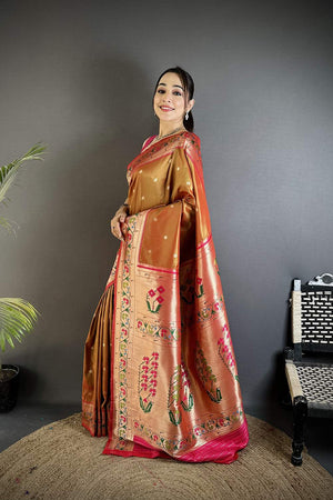Peach Paithani Floral Woven Silk Saree (ND201)