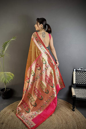 Peach Paithani Floral Woven Silk Saree (ND201)